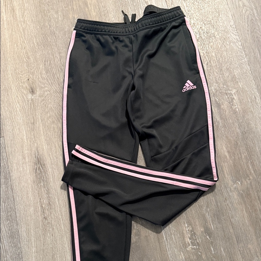Adidas Kids Black Joggers with Pink Stripes